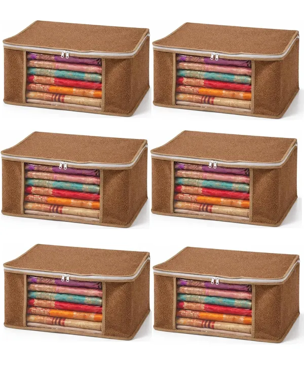 Saree_Covers_Foldable_Storage_Bags_With_Transparent_Window_Zip_Closure_Wardrobe_Organizer_For_Sarees_Lehengas_Dresses_Premium_Dust_Proof_Fabric_Storage_Brown_Pack_Of_6