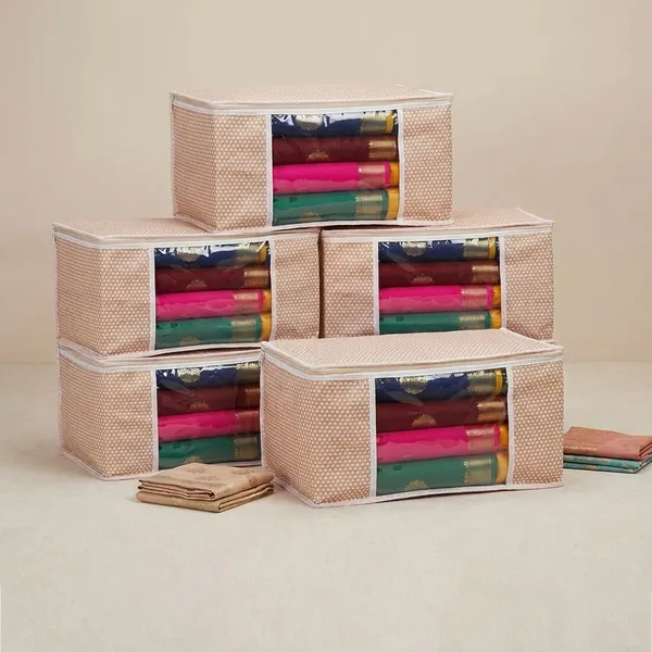 Saree_Covers_Foldable_Storage_Bags_With_Transparent_Window_Zip_Closure_Wardrobe_Organizer_For_Sarees_Lehengas_Dresses_Premium_Dust_Proof_Fabric_Storage_Peach_Pack_Of_6