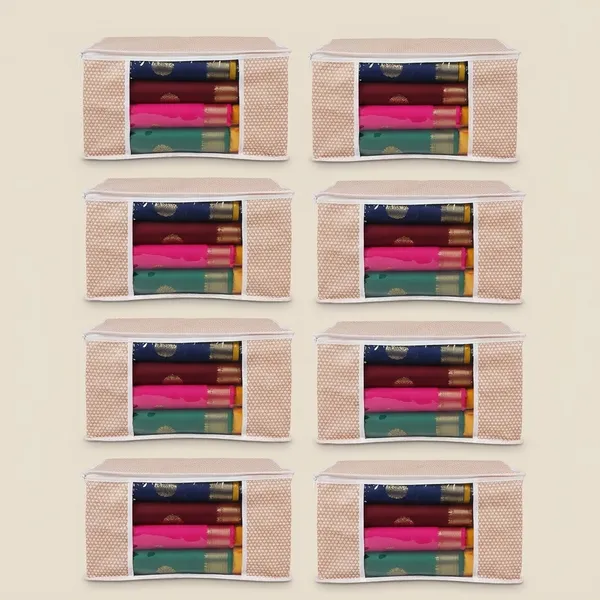 Saree_Covers_Foldable_Storage_Bags_With_Transparent_Window_Zip_Closure_Wardrobe_Organizer_For_Sarees_Lehengas_Dresses_Premium_Dust_Proof_Fabric_Storage_Peach_Pack_Of_8