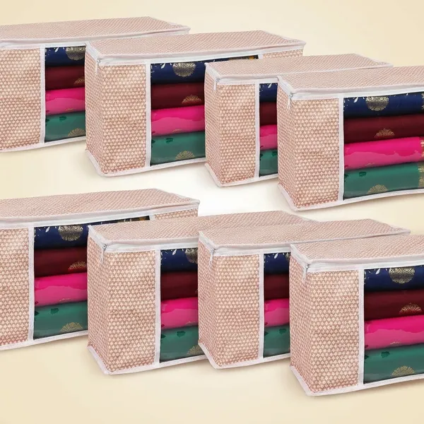 Saree_Covers_Foldable_Storage_Bags_With_Transparent_Window_Zip_Closure_Wardrobe_Organizer_For_Sarees_Lehengas_Dresses_Premium_Dust_Proof_Fabric_Storage_Peach_Pack_Of_8