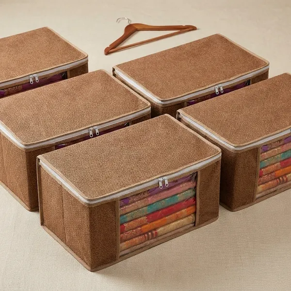 Saree_Covers_Foldable_Storage_Bags_With_Transparent_Window_Zip_Closure_Wardrobe_Organizer_For_Sarees_Lehengas_Dresses_Premium_Dust_Proof_Fabric_Storage_Brown_Pack_Of_8