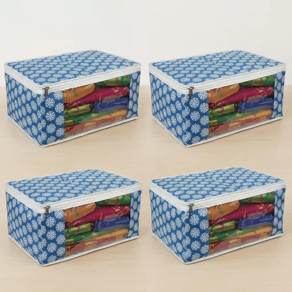 Saree_Covers_Foldable_Storage_Bags_With_Transparent_Window_Zip_Closure_Wardrobe_Organizer_For_Sarees_Lehengas_Dresses_Premium_Dust_Proof_Fabric_Storage_Blue_Pack_Of_4