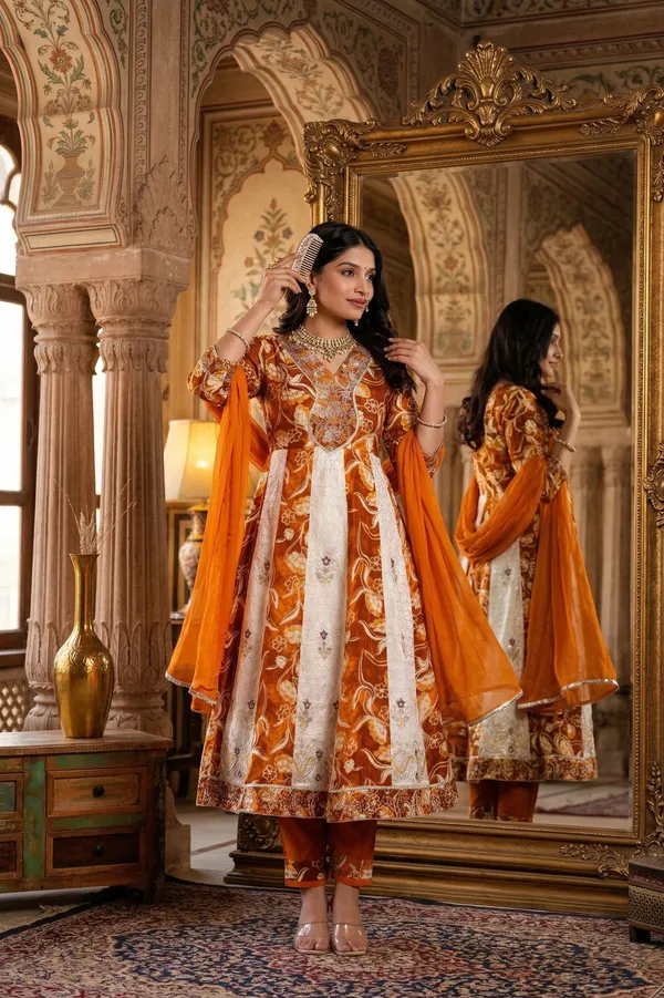 Womens_Yellow_And_Off_White_Rayon_Schiffli_Floral_Printed_And_Embroidered_Anarkali_Kurti_Pant_Dupatta_Set_|_Ethnic_Festive_Party_Wear_Kurta_Set_For_Women