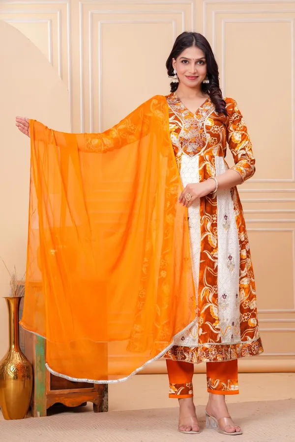 Womens_Yellow_And_Off_White_Rayon_Schiffli_Floral_Printed_And_Embroidered_Anarkali_Kurti_Pant_Dupatta_Set_|_Ethnic_Festive_Party_Wear_Kurta_Set_For_Women