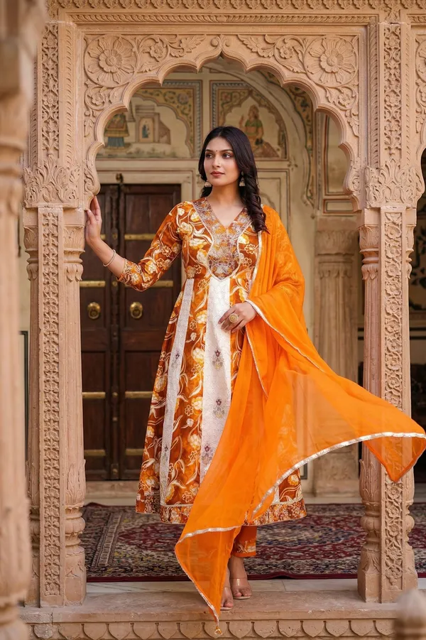 Womens_Yellow_And_Off_White_Rayon_Schiffli_Floral_Printed_And_Embroidered_Anarkali_Kurti_Pant_Dupatta_Set_|_Ethnic_Festive_Party_Wear_Kurta_Set_For_Women