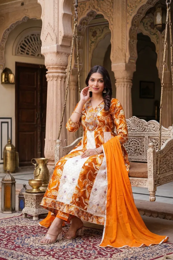 Womens_Yellow_And_Off_White_Rayon_Schiffli_Floral_Printed_And_Embroidered_Anarkali_Kurti_Pant_Dupatta_Set_|_Ethnic_Festive_Party_Wear_Kurta_Set_For_Women