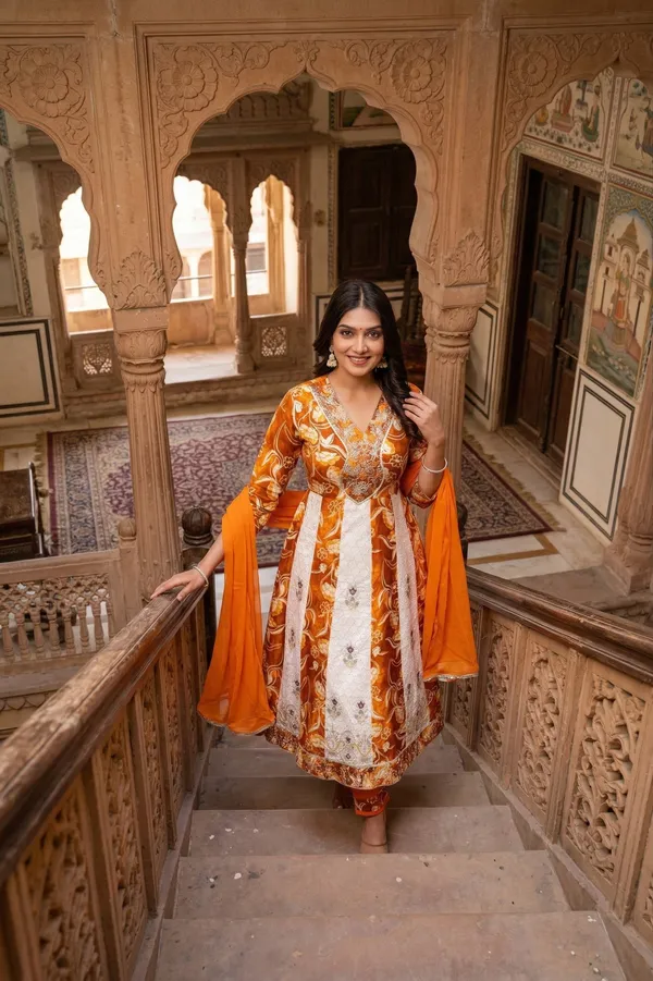 Womens_Yellow_And_Off_White_Rayon_Schiffli_Floral_Printed_And_Embroidered_Anarkali_Kurti_Pant_Dupatta_Set_|_Ethnic_Festive_Party_Wear_Kurta_Set_For_Women