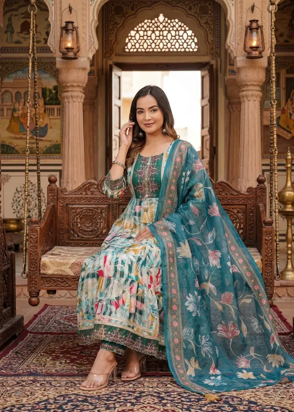Womens_Teal_Green_Rayon_Jacquard_Floral_Woven_And_Embroidered_Anarkali_Kurti_Pant_Dupatta_Set_|_Ethnic_Festive_Party_Wear_Kurta_Set_For_Women