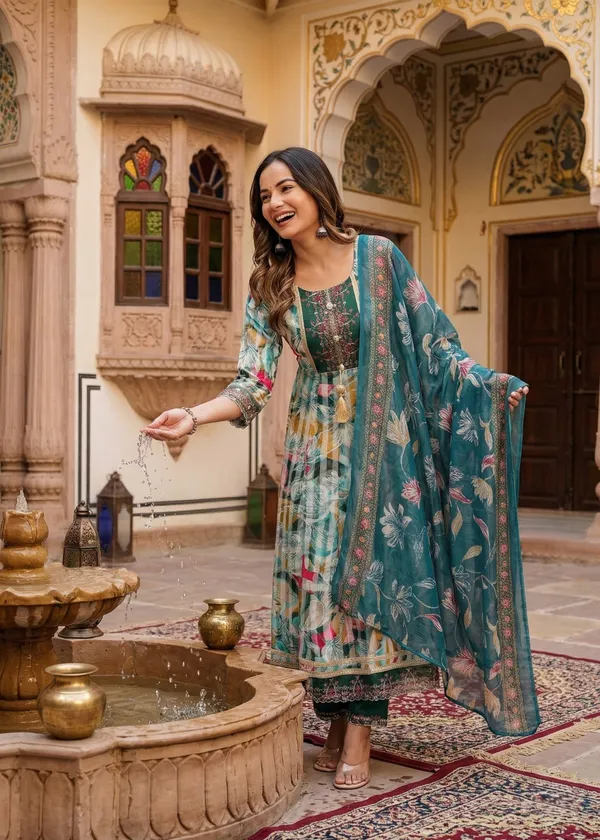 Womens_Teal_Green_Rayon_Jacquard_Floral_Woven_And_Embroidered_Anarkali_Kurti_Pant_Dupatta_Set_|_Ethnic_Festive_Party_Wear_Kurta_Set_For_Women