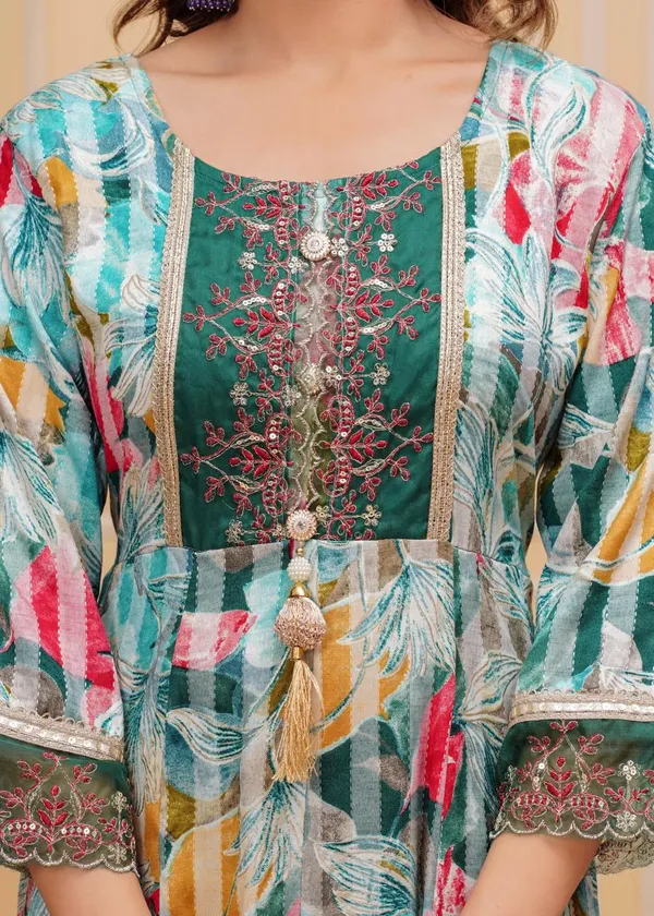 Womens_Teal_Green_Rayon_Jacquard_Floral_Woven_And_Embroidered_Anarkali_Kurti_Pant_Dupatta_Set_|_Ethnic_Festive_Party_Wear_Kurta_Set_For_Women