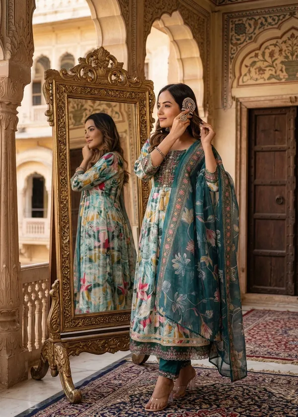 Womens_Teal_Green_Rayon_Jacquard_Floral_Woven_And_Embroidered_Anarkali_Kurti_Pant_Dupatta_Set_|_Ethnic_Festive_Party_Wear_Kurta_Set_For_Women