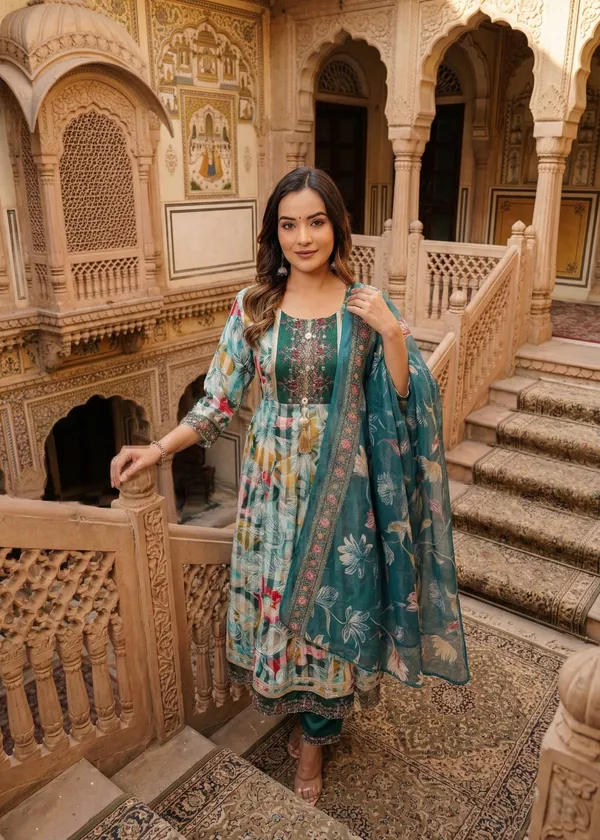 Womens_Teal_Green_Rayon_Jacquard_Floral_Woven_And_Embroidered_Anarkali_Kurti_Pant_Dupatta_Set_|_Ethnic_Festive_Party_Wear_Kurta_Set_For_Women
