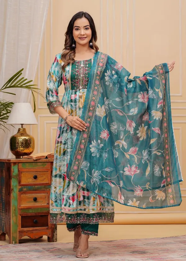 Womens_Teal_Green_Rayon_Jacquard_Floral_Woven_And_Embroidered_Anarkali_Kurti_Pant_Dupatta_Set_|_Ethnic_Festive_Party_Wear_Kurta_Set_For_Women