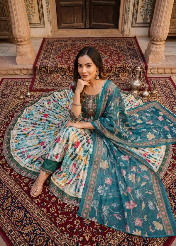 Womens_Teal_Green_Rayon_Jacquard_Floral_Woven_And_Embroidered_Anarkali_Kurti_Pant_Dupatta_Set_|_Ethnic_Festive_Party_Wear_Kurta_Set_For_Women