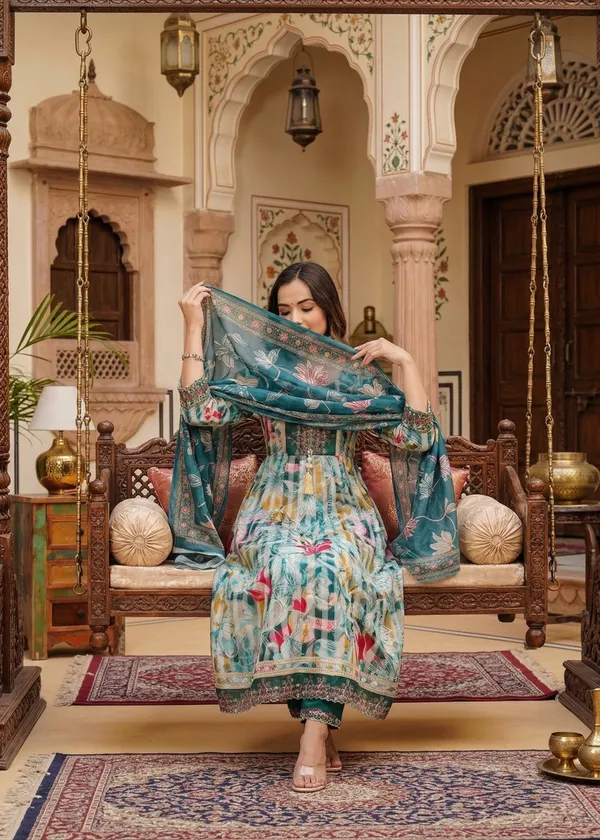 Womens_Teal_Green_Rayon_Jacquard_Floral_Woven_And_Embroidered_Anarkali_Kurti_Pant_Dupatta_Set_|_Ethnic_Festive_Party_Wear_Kurta_Set_For_Women