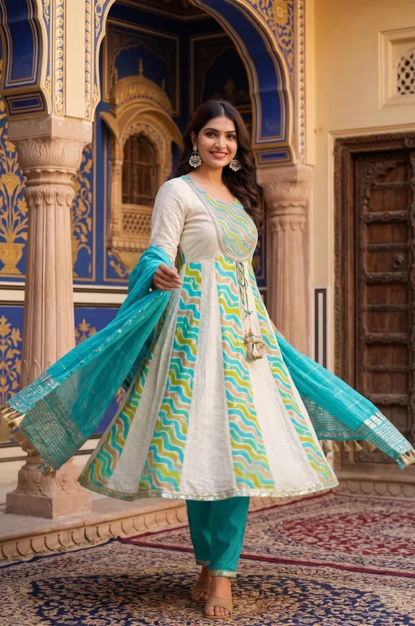 Womens_Off_White_And_Teal_Green_Rayon_Schiffli_Printed_And_Embroidered_Anarkali_Kurti_Pant_Dupatta_Set_|_Ethnic_Festive_Party_Wear_Kurta_Set_For_Women