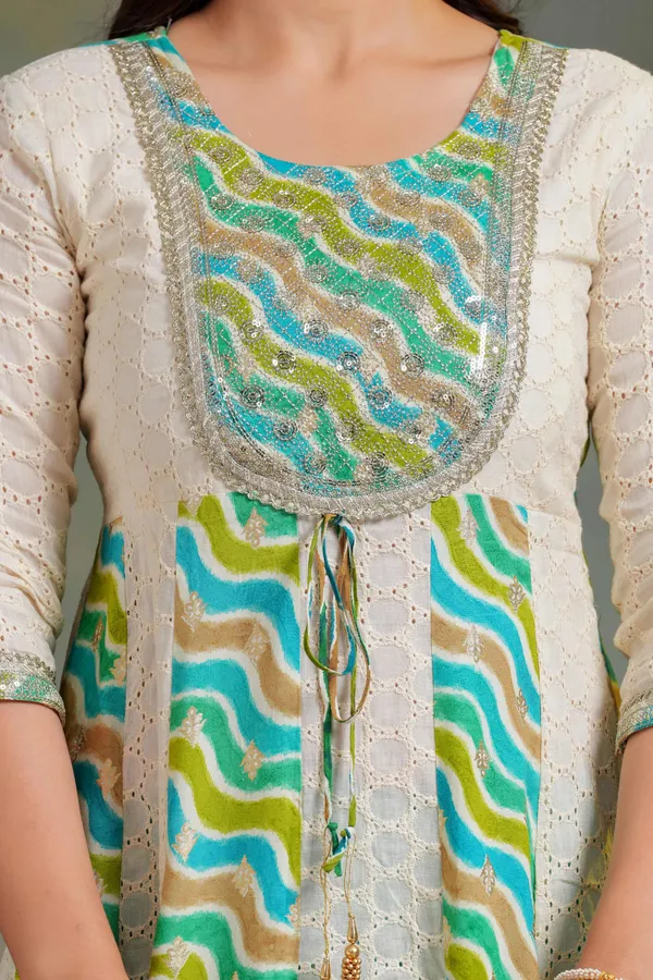 Womens_Off_White_And_Teal_Green_Rayon_Schiffli_Printed_And_Embroidered_Anarkali_Kurti_Pant_Dupatta_Set_|_Ethnic_Festive_Party_Wear_Kurta_Set_For_Women