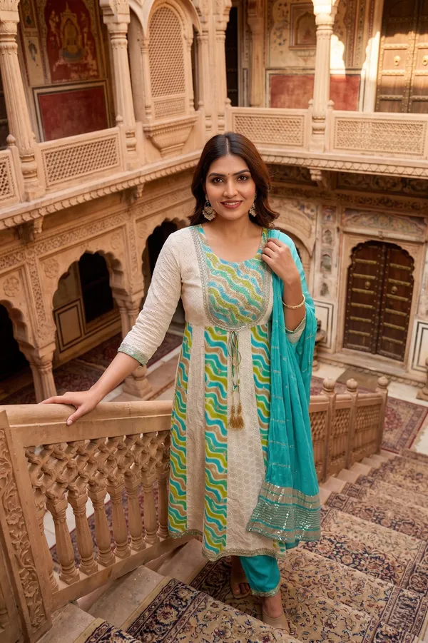 Womens_Off_White_And_Teal_Green_Rayon_Schiffli_Printed_And_Embroidered_Anarkali_Kurti_Pant_Dupatta_Set_|_Ethnic_Festive_Party_Wear_Kurta_Set_For_Women