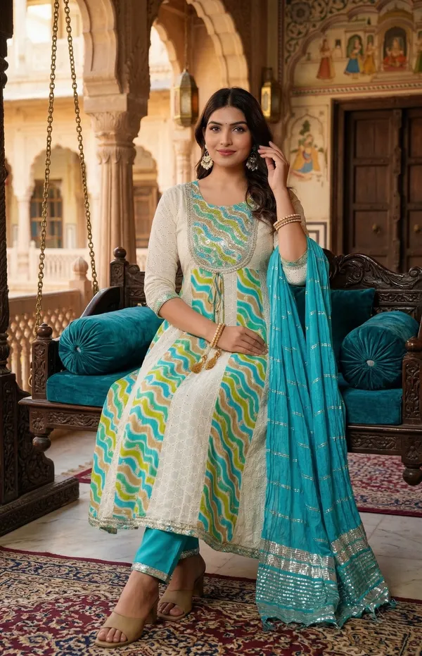 Womens_Off_White_And_Teal_Green_Rayon_Schiffli_Printed_And_Embroidered_Anarkali_Kurti_Pant_Dupatta_Set_|_Ethnic_Festive_Party_Wear_Kurta_Set_For_Women
