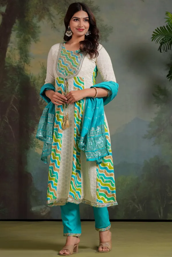 Womens_Off_White_And_Teal_Green_Rayon_Schiffli_Printed_And_Embroidered_Anarkali_Kurti_Pant_Dupatta_Set_|_Ethnic_Festive_Party_Wear_Kurta_Set_For_Women
