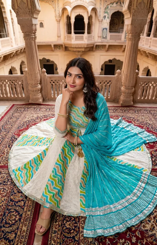 Womens_Off_White_And_Teal_Green_Rayon_Schiffli_Printed_And_Embroidered_Anarkali_Kurti_Pant_Dupatta_Set_|_Ethnic_Festive_Party_Wear_Kurta_Set_For_Women