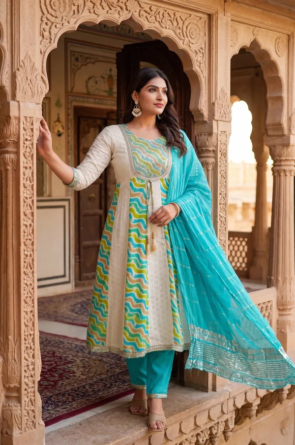 Womens_Off_White_And_Teal_Green_Rayon_Schiffli_Printed_And_Embroidered_Anarkali_Kurti_Pant_Dupatta_Set_|_Ethnic_Festive_Party_Wear_Kurta_Set_For_Women