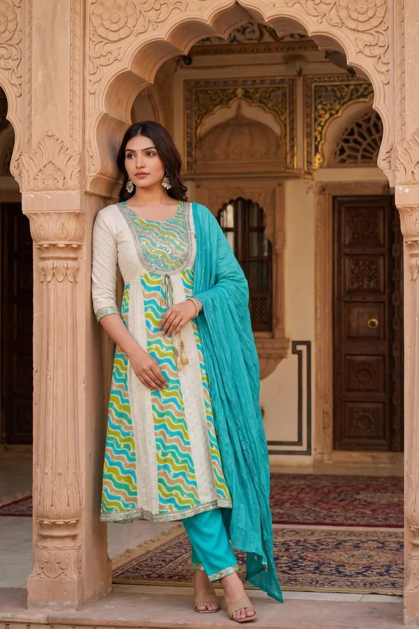 Womens_Off_White_And_Teal_Green_Rayon_Schiffli_Printed_And_Embroidered_Anarkali_Kurti_Pant_Dupatta_Set_|_Ethnic_Festive_Party_Wear_Kurta_Set_For_Women