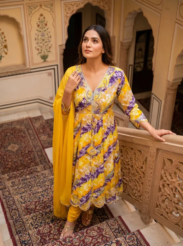 Womens_Yellow_And_Purple_Rayon_Floral_Printed_And_Embroidered_Anarkali_Kurti_Pant_Dupatta_Set_|_Ethnic_Festive_Party_Wear_Kurta_Set_For_Women