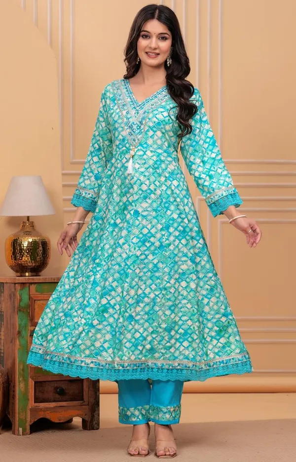 Womens_Teal_Blue_And_White_Rayon_Tie_Dye_Printed_And_Embroidered_Anarkali_Kurti_Pant_Dupatta_Set_|_Ethnic_Festive_Party_Wear_Kurta_Set_For_Women