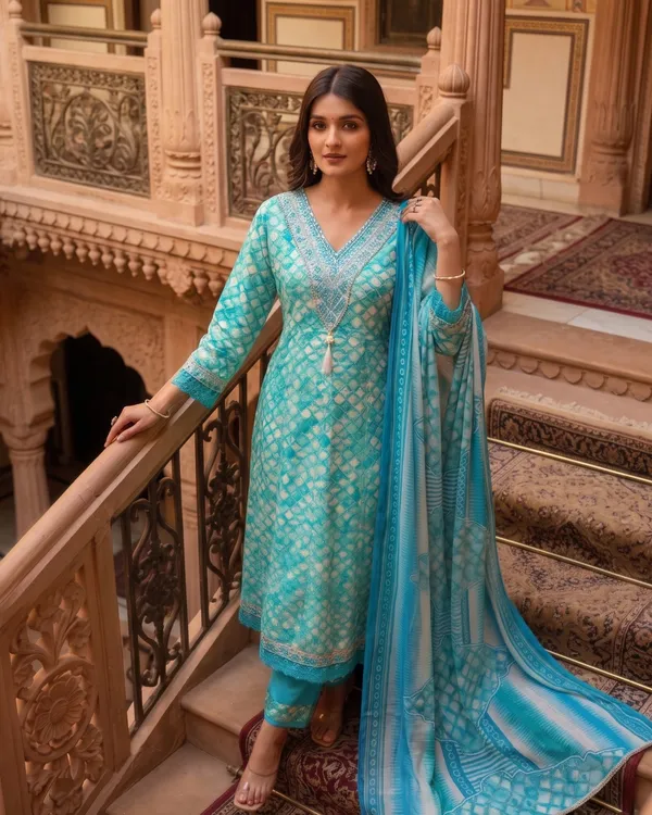 Womens_Teal_Blue_And_White_Rayon_Tie_Dye_Printed_And_Embroidered_Anarkali_Kurti_Pant_Dupatta_Set_|_Ethnic_Festive_Party_Wear_Kurta_Set_For_Women