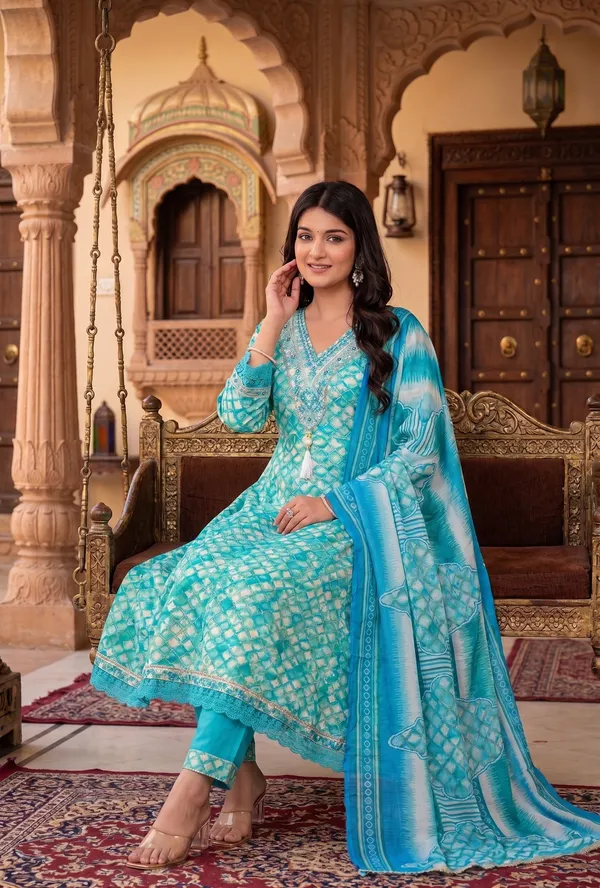 Womens_Teal_Blue_And_White_Rayon_Tie_Dye_Printed_And_Embroidered_Anarkali_Kurti_Pant_Dupatta_Set_|_Ethnic_Festive_Party_Wear_Kurta_Set_For_Women