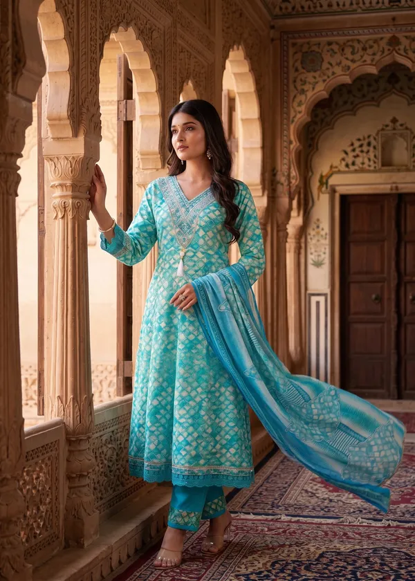 Womens_Teal_Blue_And_White_Rayon_Tie_Dye_Printed_And_Embroidered_Anarkali_Kurti_Pant_Dupatta_Set_|_Ethnic_Festive_Party_Wear_Kurta_Set_For_Women