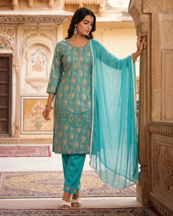 Womens_Teal_Blue_Rayon_Printed_And_Embroidered_Kurti_Pant_Dupatta_Set_|_Elegant_Ethnic_Festive_Wear_Kurta_Set