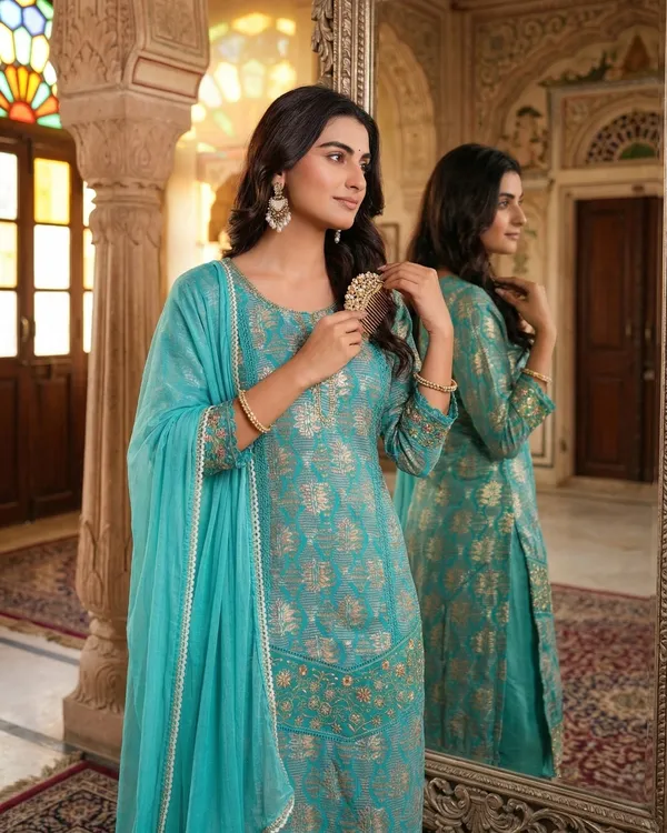 Womens_Teal_Blue_Rayon_Printed_And_Embroidered_Kurti_Pant_Dupatta_Set_|_Elegant_Ethnic_Festive_Wear_Kurta_Set