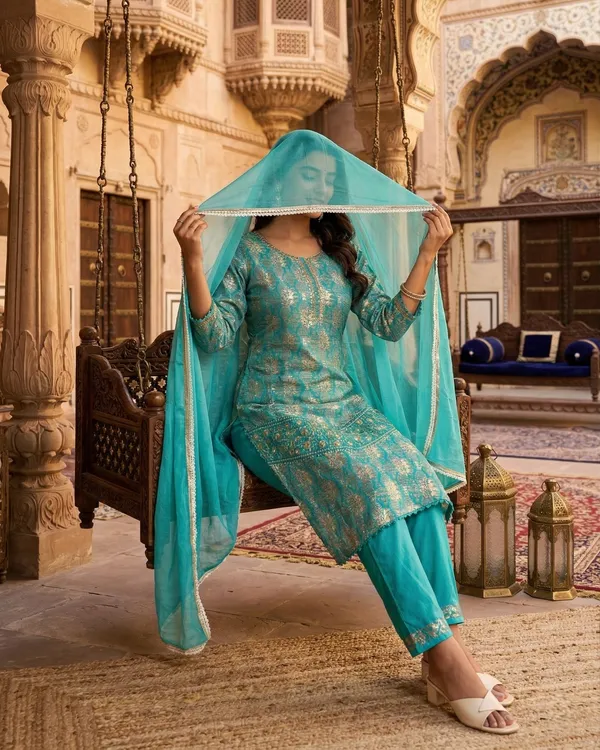 Womens_Teal_Blue_Rayon_Printed_And_Embroidered_Kurti_Pant_Dupatta_Set_|_Elegant_Ethnic_Festive_Wear_Kurta_Set