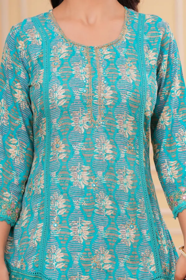 Womens_Teal_Blue_Rayon_Printed_And_Embroidered_Kurti_Pant_Dupatta_Set_|_Elegant_Ethnic_Festive_Wear_Kurta_Set
