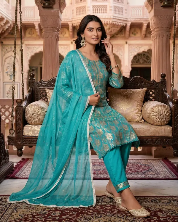 Womens_Teal_Blue_Rayon_Printed_And_Embroidered_Kurti_Pant_Dupatta_Set_|_Elegant_Ethnic_Festive_Wear_Kurta_Set