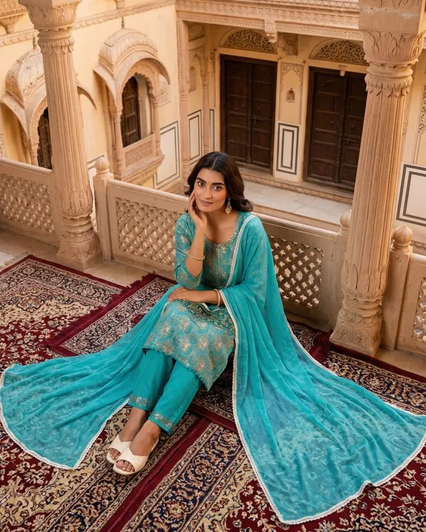 Womens_Teal_Blue_Rayon_Printed_And_Embroidered_Kurti_Pant_Dupatta_Set_|_Elegant_Ethnic_Festive_Wear_Kurta_Set