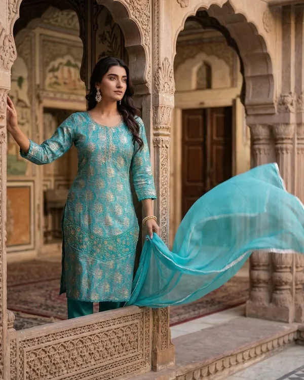 Womens_Teal_Blue_Rayon_Printed_And_Embroidered_Kurti_Pant_Dupatta_Set_|_Elegant_Ethnic_Festive_Wear_Kurta_Set