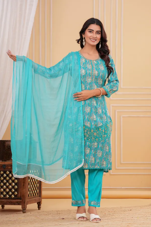 Womens_Teal_Blue_Rayon_Printed_And_Embroidered_Kurti_Pant_Dupatta_Set_|_Elegant_Ethnic_Festive_Wear_Kurta_Set