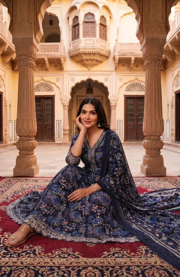 Womens_Navy_Blue_Rayon_Printed_And_Embroidered_Kurti_Pant_Dupatta_Set_|_Ethnic_Wear_Kurta_Set