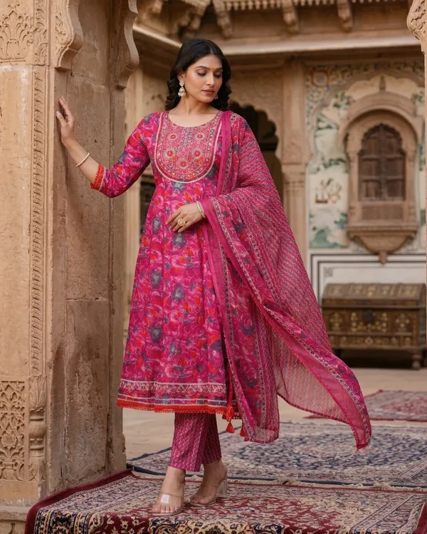Womens_Pink_Rayon_Floral_Printed_And_Embroidered_Kurti_Pant_Dupatta_Set_|_Ethnic_Wear_Kurta_Set