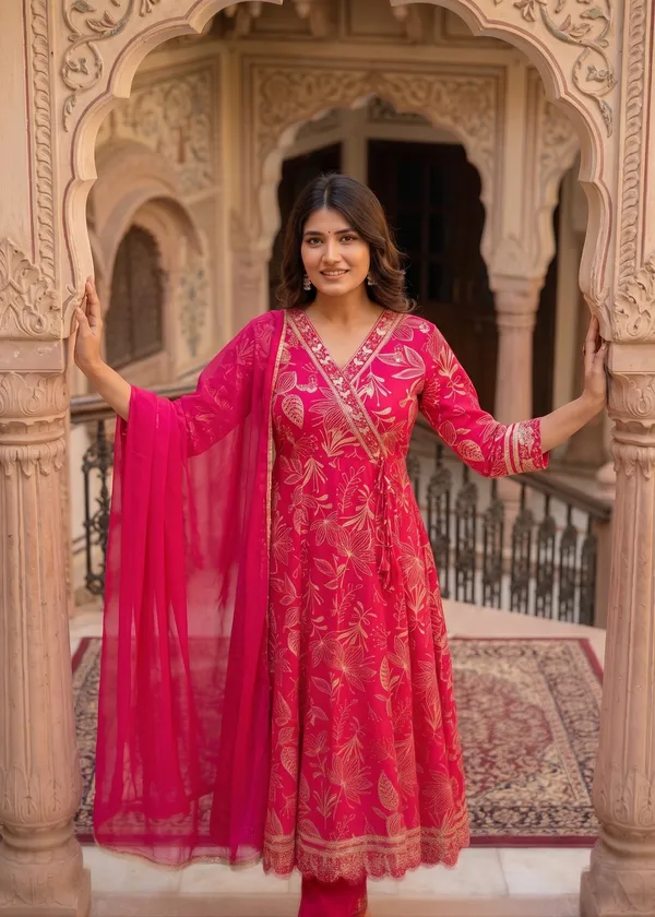 Womens_Rani_Pink_Rayon_Printed_Kurti_Pant_Dupatta_Set_|_Ethnic_Wear_Kurta_Set