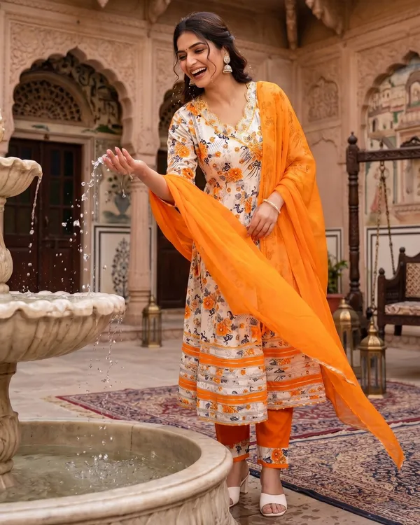 Womens_Off_White_And_Orange_Rayon_Floral_Printed_Kurti_Pant_Dupatta_Set_|_Ethnic_Wear_Kurta_Set