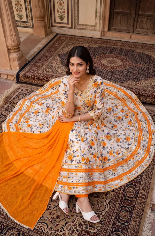 Womens_Off_White_And_Orange_Rayon_Floral_Printed_Kurti_Pant_Dupatta_Set_|_Ethnic_Wear_Kurta_Set