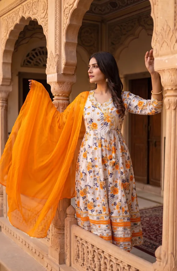 Womens_Off_White_And_Orange_Rayon_Floral_Printed_Kurti_Pant_Dupatta_Set_|_Ethnic_Wear_Kurta_Set