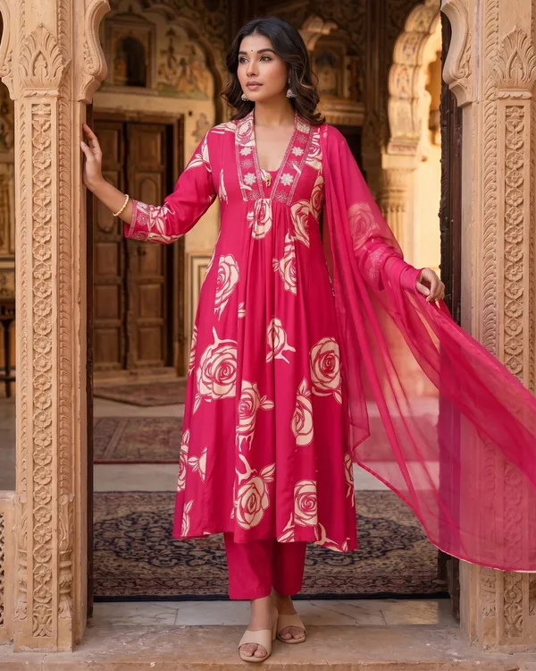 Womens_Pink_Floral_Printed_Rayon_Kurti_Pant_Dupatta_Set_With_Embroidered_V-Neck