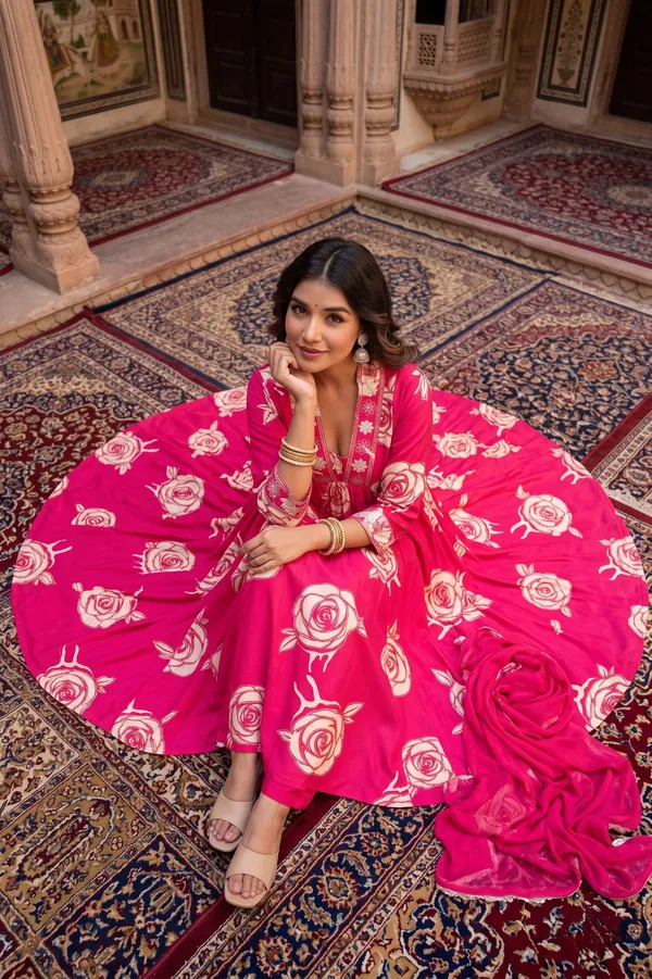 Womens_Pink_Floral_Printed_Rayon_Kurti_Pant_Dupatta_Set_With_Embroidered_V-Neck
