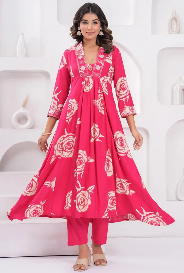 Womens_Pink_Floral_Printed_Rayon_Kurti_Pant_Dupatta_Set_With_Embroidered_V-Neck