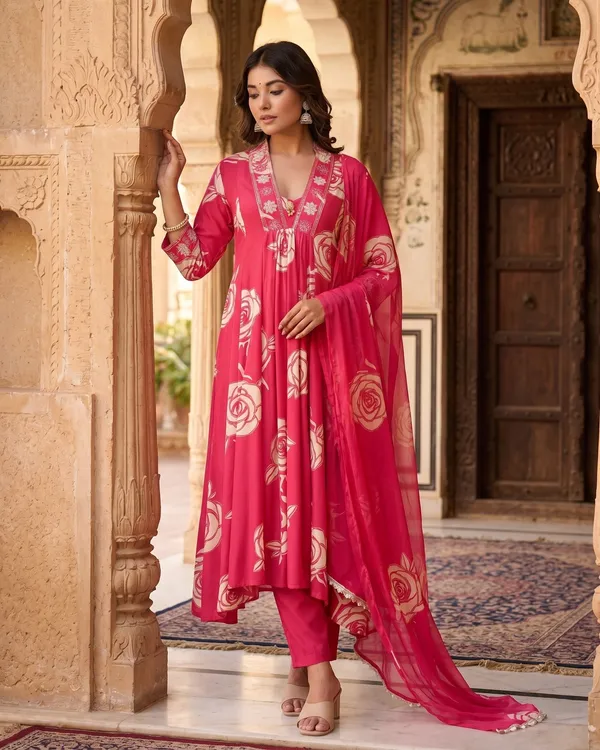 Womens_Pink_Floral_Printed_Rayon_Kurti_Pant_Dupatta_Set_With_Embroidered_V-Neck